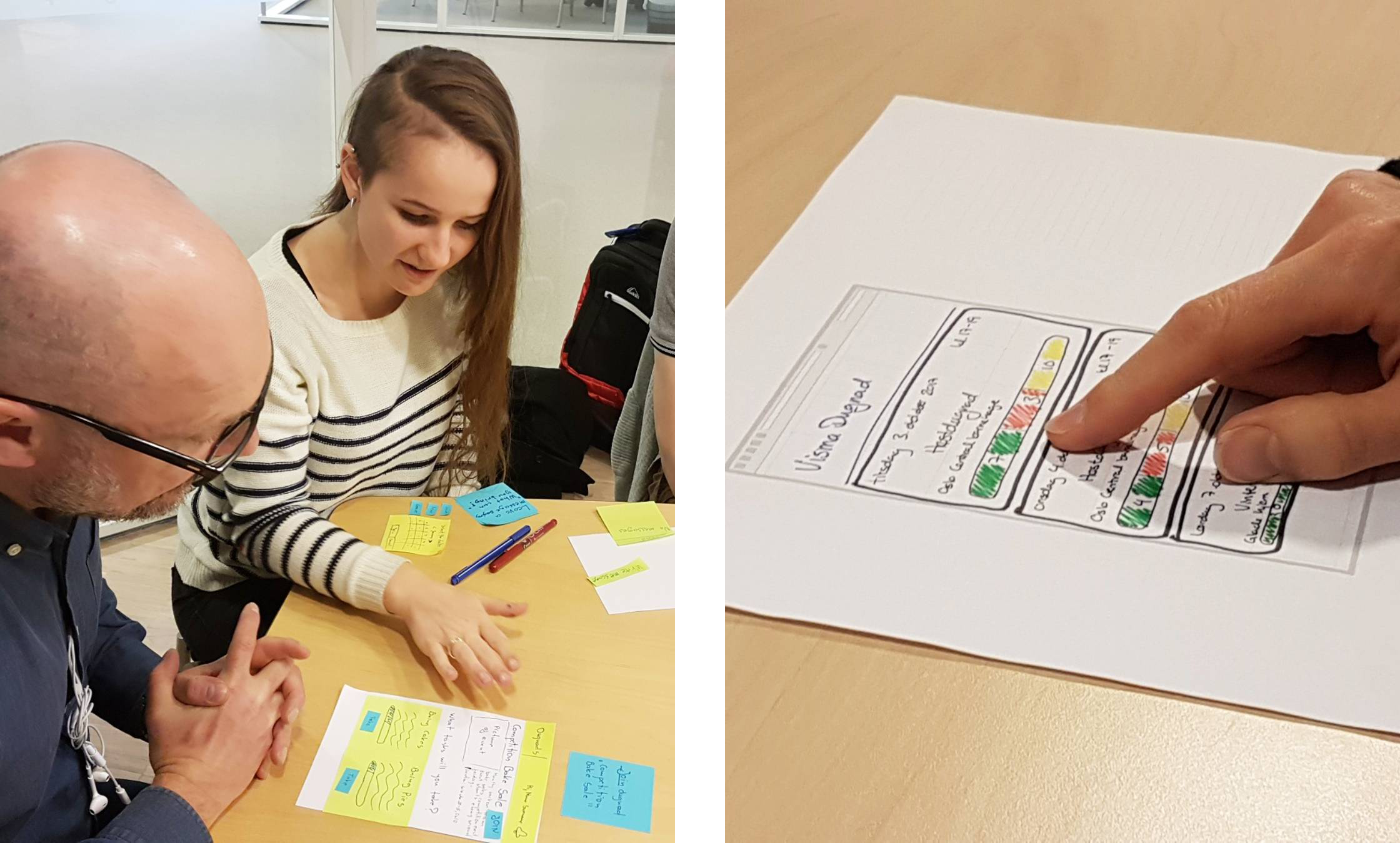One of the participants, Vaida, testing out a paper prototype on a mentor before testing with users.