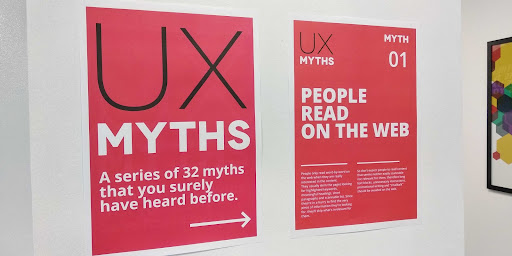The posters describe the UX myth that "People read on the web".