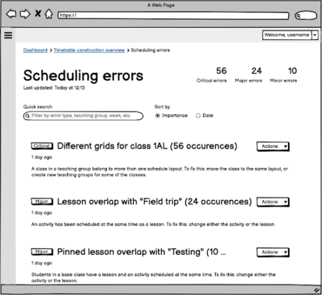 A rough, black and white sketch of our first idea, a dashboard for errors. It would allow users to search and sort through a large amount of errors... but is that what they need?