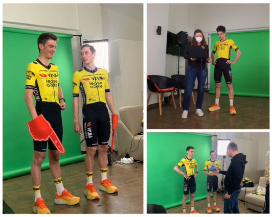 Collage of three (3) photos with Jonas Vingegaard and Sepp Kuss at a photo shoot