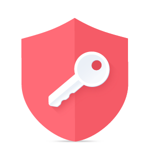 Red shield icon with a white key in the middle