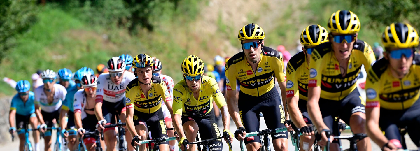 The Team Jumbo-Visma peloton leads the pack during one of the 2020 Tour de France stages.