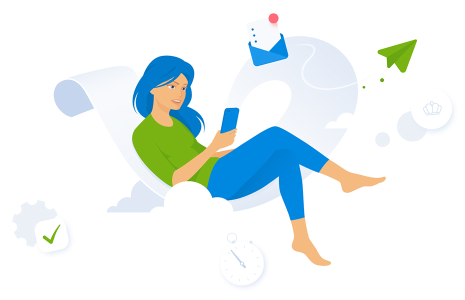 Illustration of woman in green sweater and blue pants sitting with a phone in her hands. In the background are clouds, clock, emails and other small elements.