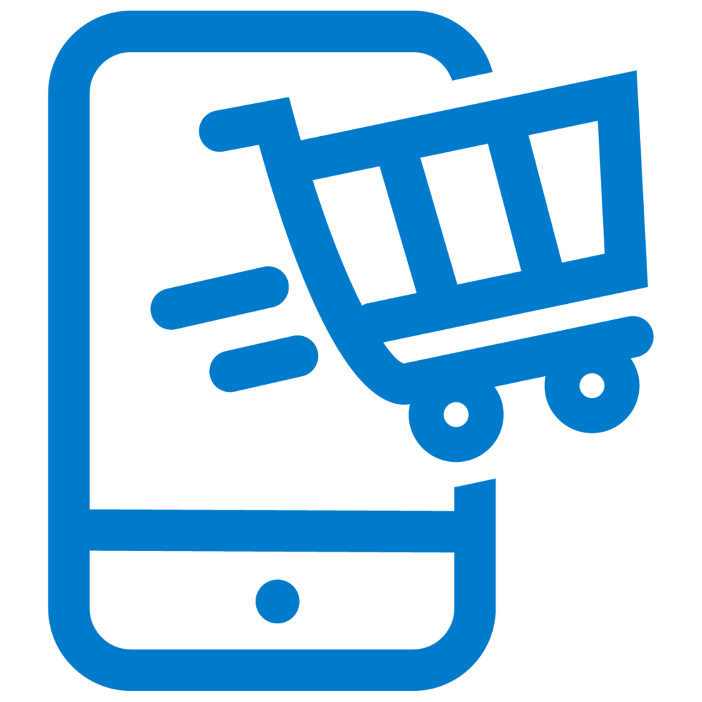 Blue mobile phone screen icon with shopping cart