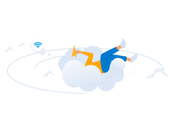 Person lying on his back in a cloud illustration throwing a paper plane. Wifi signal icon.