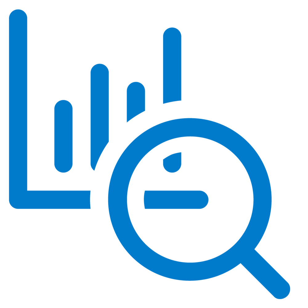 Blue magnifying glass over a data graph icon