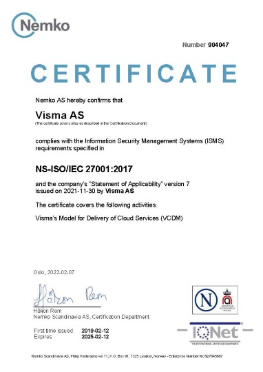 Visma's ISO 27001:2017 certificate.