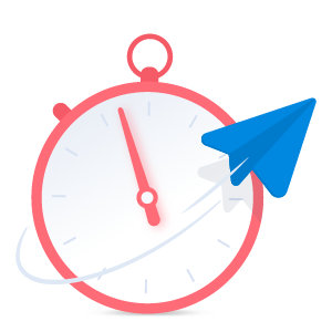 Red and white stop watch icon with a blue arrow pointing upwards
