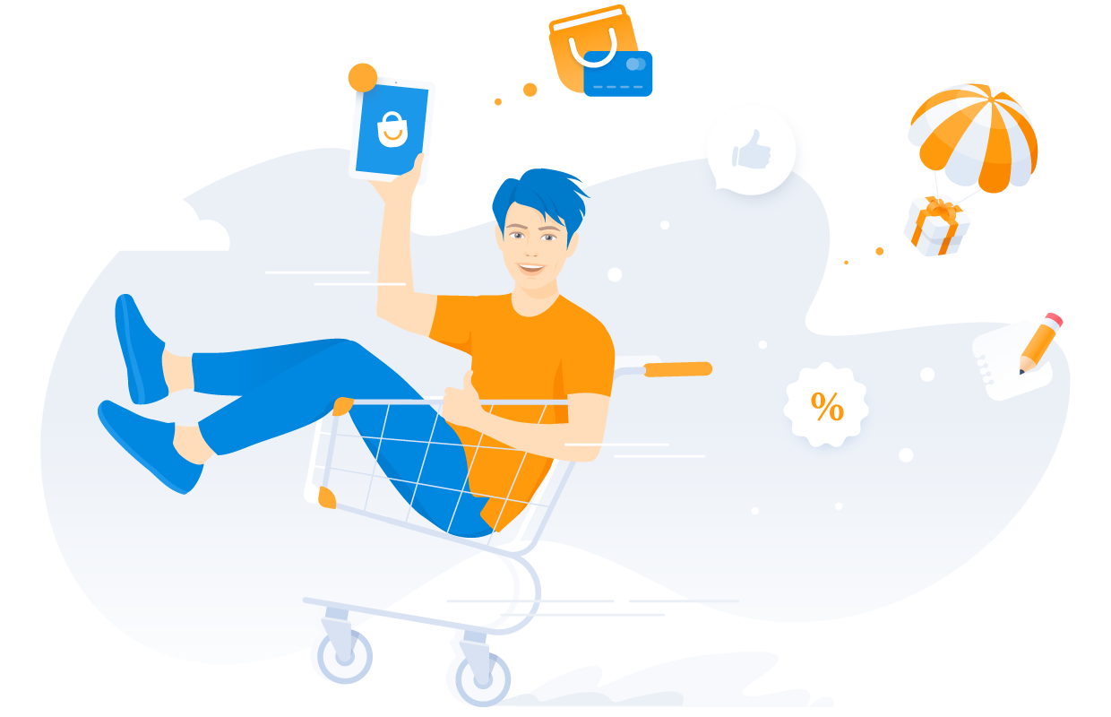 Illustration a man in orange t-shirt and blue pants sitting in a shopping cart with a tablet in his hand, shopping