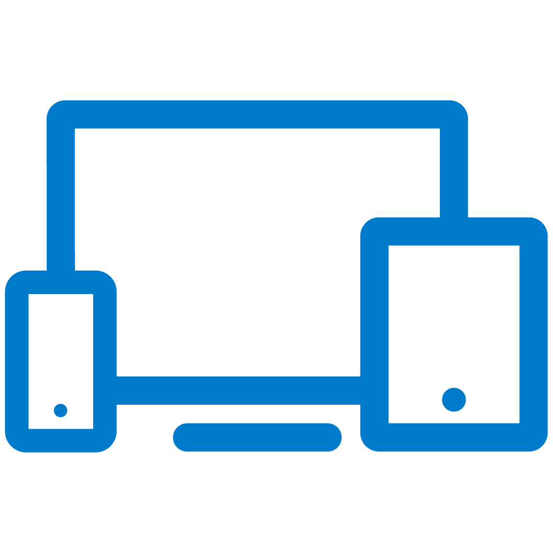 Blue mobile phone icon, blue laptop icon and blue tablet icon