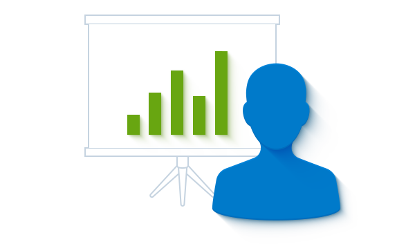 blue person icon in front of a presentation with green graphs