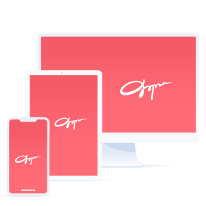 Red tablet screen, red mobile screen and red computer screen, all with white signatures