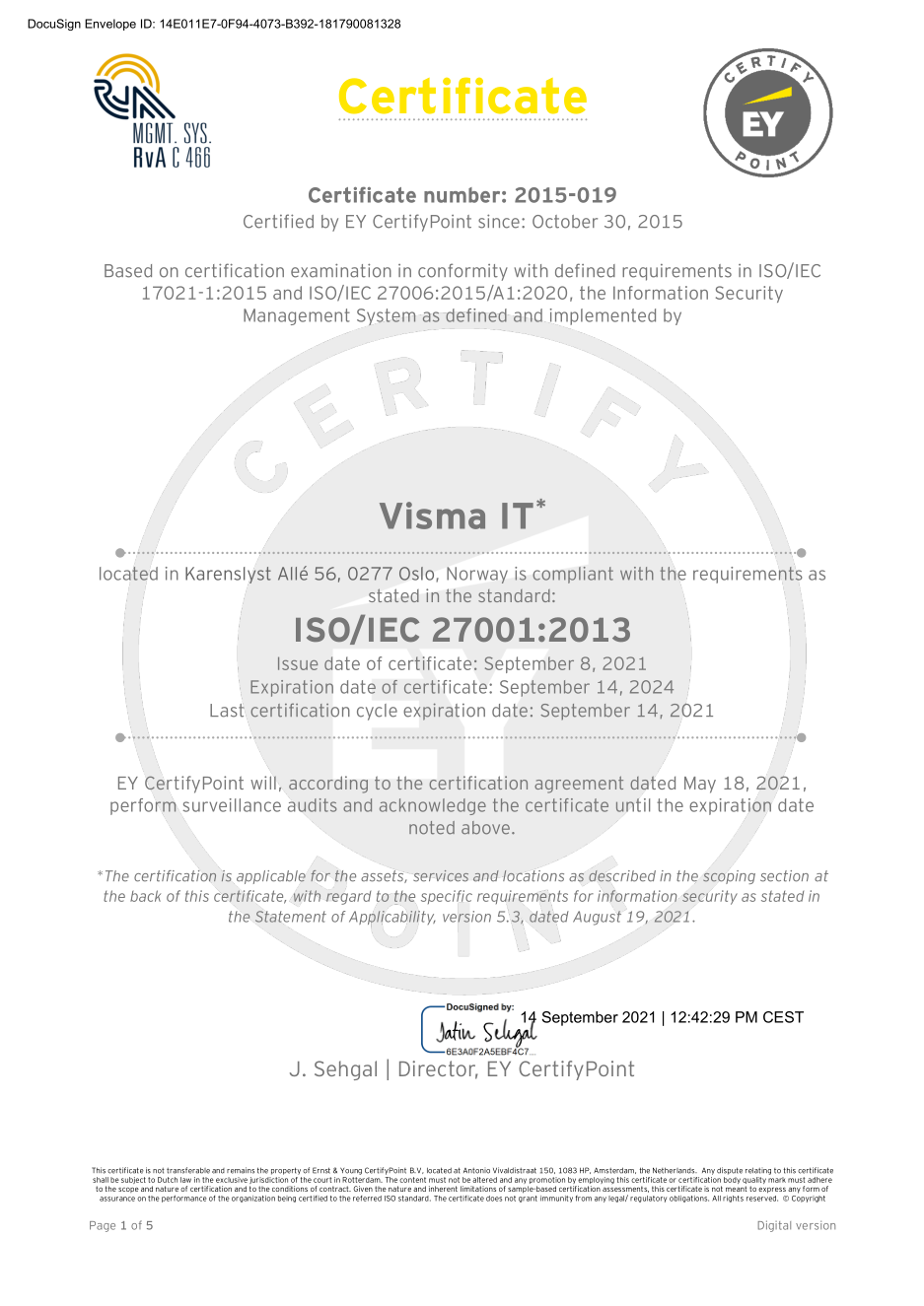 A screenshot of the 27001 certificate.