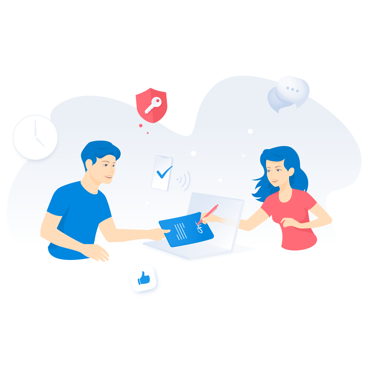 Illustration of man and woman signing a document in the cloud