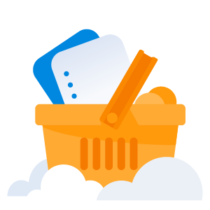Orange shopping cart with papers in it. The shopping cart is on top of white and grey clouds