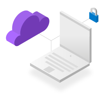 White laptop with purple cloud icon and blue keylock icon