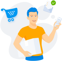 Man with papers and mobile phone in his hands illustration