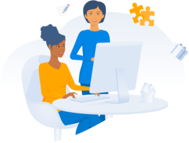 Two women looking at a computer screen and smiling, illustration