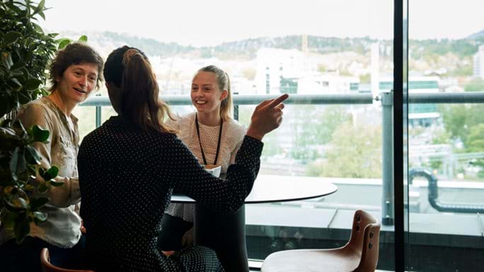 Three women colleagues have an animated conversation at the office by a window.
