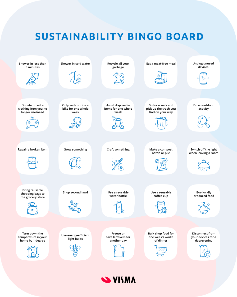 The Visma Sustainability Bingo Board, including 25 things you can do to make an environmental impact in your daily life.