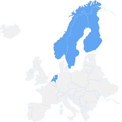 A map highlighting the countries of Finland, Norway, Sweden, and the Netherlands where eAccounting is available.